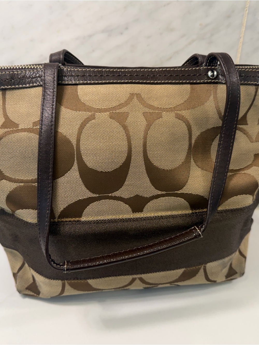 Coach Signature Canvas Zip Top Tote Handbag Brown Khaki F13548
